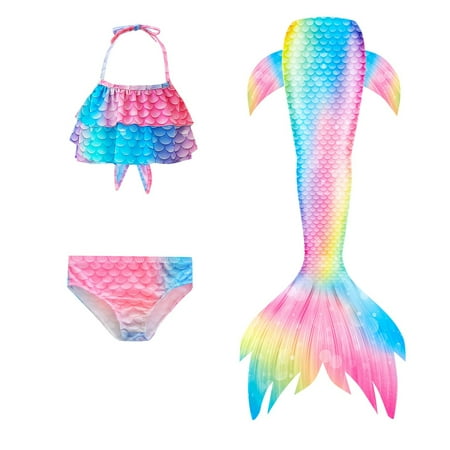 Girls Swimsuits 10-12 Sea Maiden Tails Rainbow Printed Bathing Suit Ruffle Bikini Tops Shorts Tails 3 Piece Swimwear Outfits X03 Pink 10-11 Years
