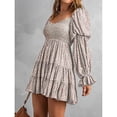 thumbnail image 3 of Vestido de línea con hombros descubiertos, cuello en V, manga larga, cintura, vestido estampado plisado adelgazante para mujer, 3 of 6