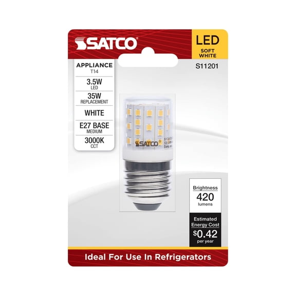Satco S11201 LED T14 Appliance Light Bulb 3.5W 120-240V 3000K 420 Lumens E27 European Medium Base 90 CRI Damp Location Non-Dimmable (12 Pack)