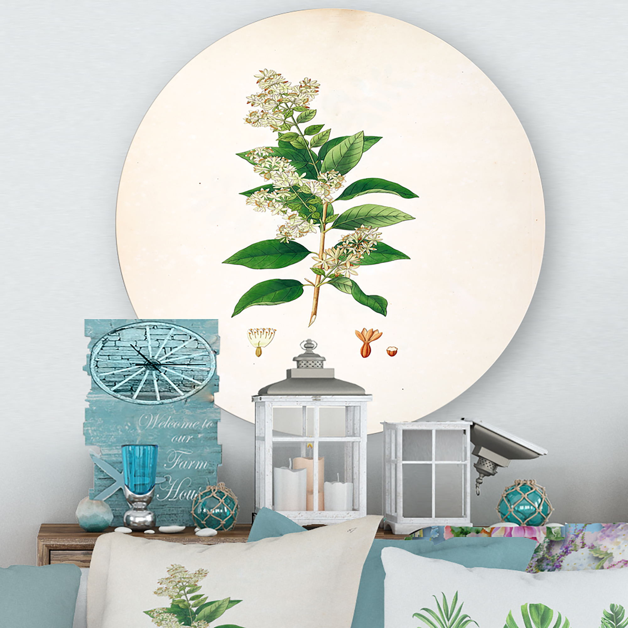 Designart 'Ancient Botanicals XVII' Farmhouse Circle Metal Wall Art 23x23 - Disc of 23