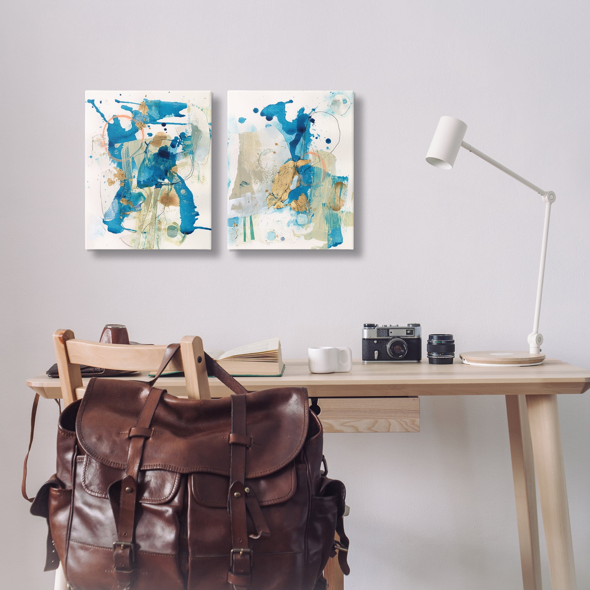 Stupell Industries Abstract Blue Gold Splash Abstract Painting Wrapped Canvas Art Print Wall Art, 16 x 20, Set of 2