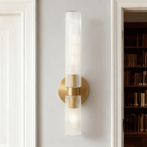 Rich Modern Finish Fluted Glass Double Sconce with Metal Canopy, Antique Brass Finish Wall Sconces, Wall Lights for Bedroom, Bathroom, Indoor/Outdoor Sconce
