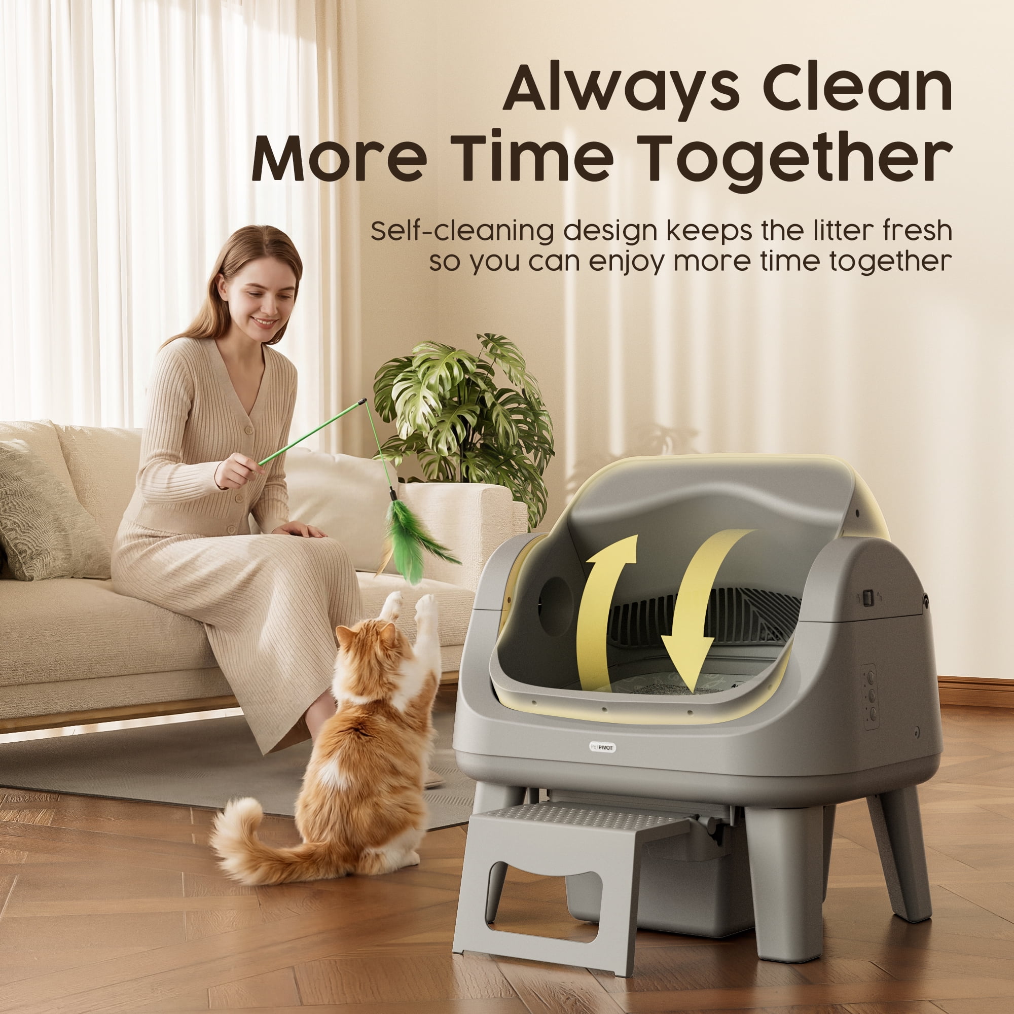PetPivot AS12 Automatic Cat Litter Box Self-Cleaning with Safety Protection, Liners, Front Entry Step Included, Full Grey