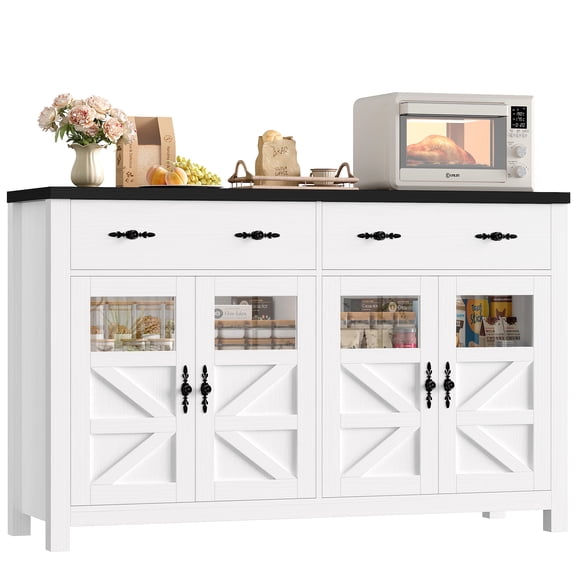 Homfa Buffet Cabinet with 2 Large Drawers & Glass Doors, 55.1” W Kitchen Sideboard Storage Cabinet with Adjustable Shelves, Buffet Table Dining Room Cabinet, White & Black