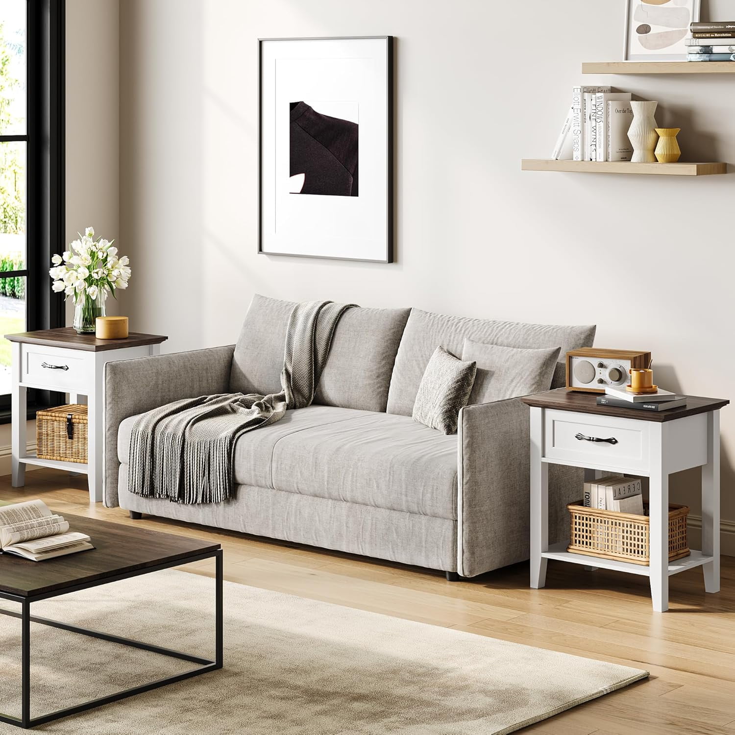 Homhougo Nightstand Set of 2 with Drawer & 2 Tiers Storage Shelves, End Table with Handle for Bedroom, Living Room, Easy Assembly