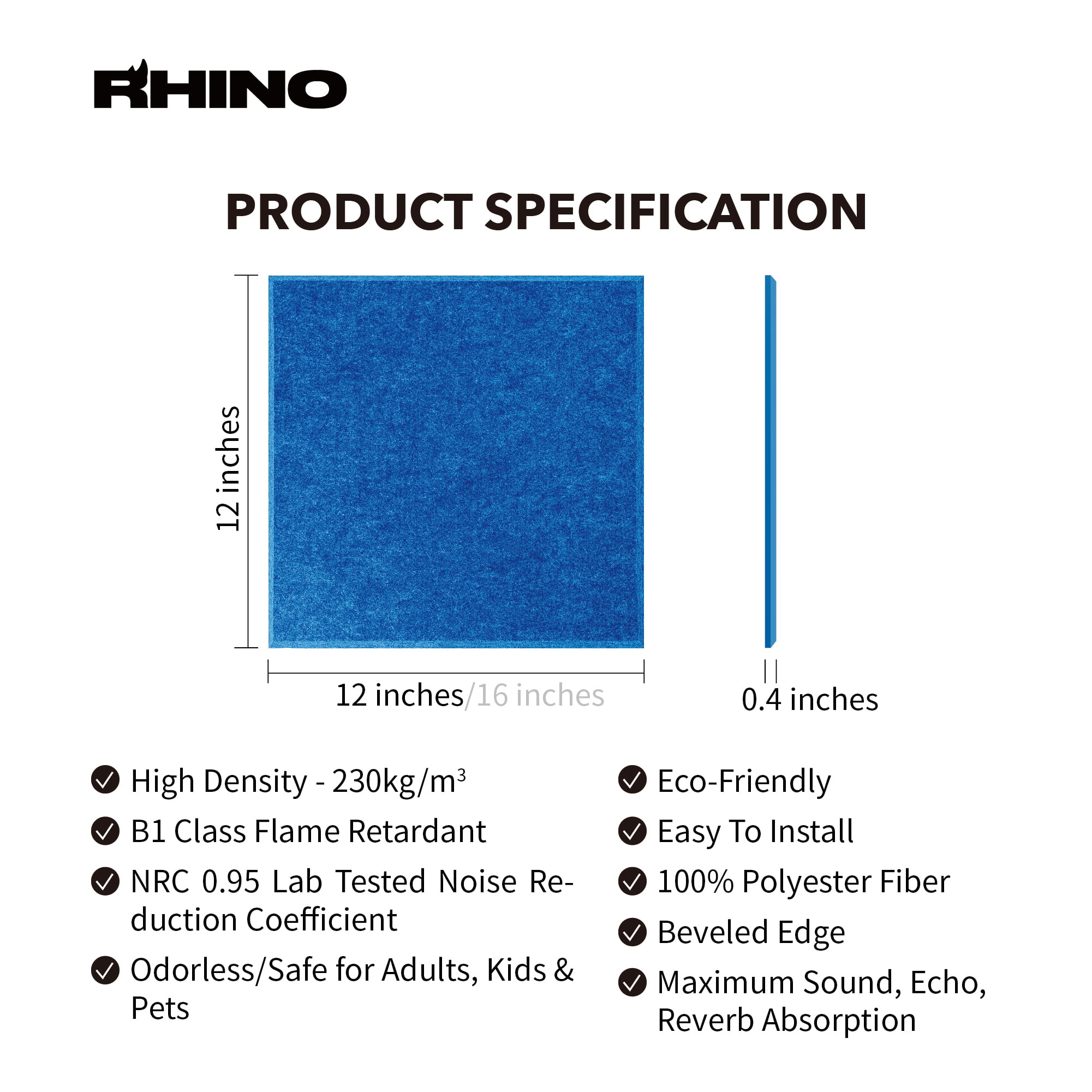 RHINO Acoustic Panel Blue 12" x 12" x 0.4" NRC Sound Bass Isolation 6 Pieces Beveled Edges