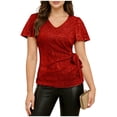 thumbnail image 3 of Women's V-Neck Short Sleeve Sequin Wrap Top Blouse Shirt Solid Color Sparkly Party Night Out Casual Daily Wear Fashion Essential Gift for Women | CSEONE,Red L, 3 of 9