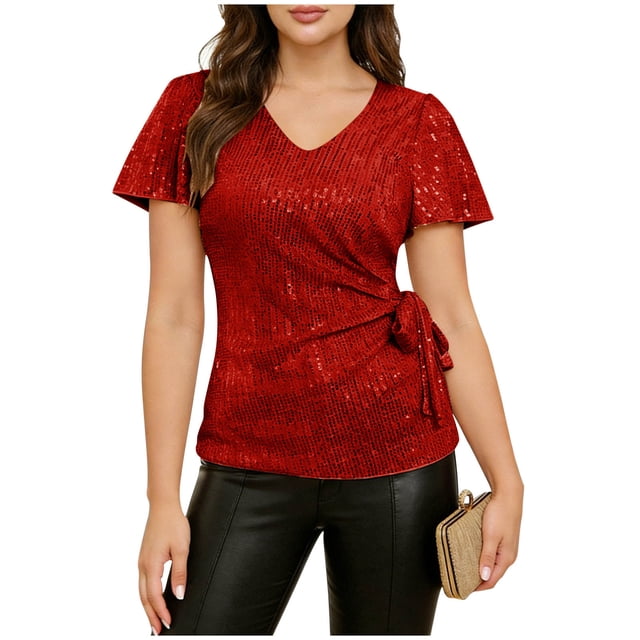 Blusas de Manga Corta para las Mujeres Vestido Casual Lentejuelas Envoltura Cuello en V Partido Sólido Top Camisas Brillantes con Revestimiento Interior Glamour