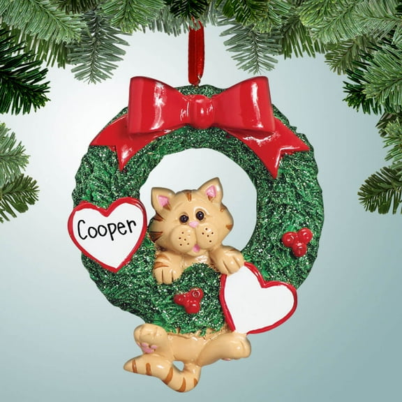 Tan Tabby Hanging from Wreath - Personalized Christmas Ornament - Perfect Stocking Stuffer - Great Gift Ideas