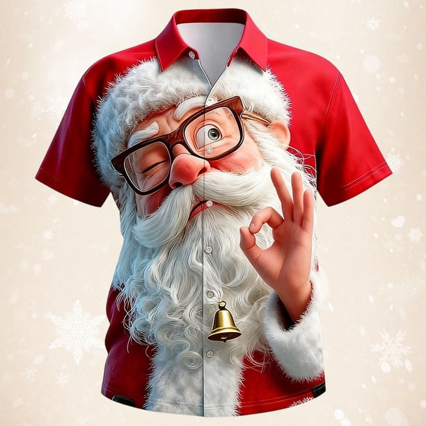 Blusa y camisa de manga corta con cuello vuelto para hombre, con botones y estampado navideño, informal, de manga corta y cuello vuelto.