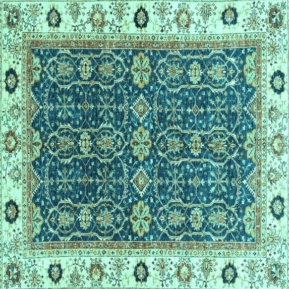 Ahgly Company Machine Washable Indoor Square Oriental Turquoise Blue Traditional Area Rugs, 6' Square