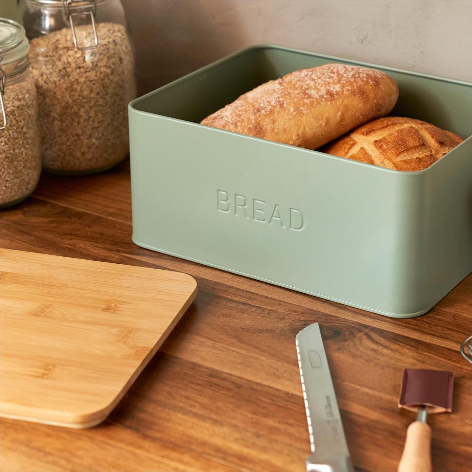 Stylish Bread Box with Wooden Lid for Kitchen Countertop, Spacious Storage Container for Homemade Bread Muffins Bagels, Premium Cutting Board Lid Keeps Bread Fresh