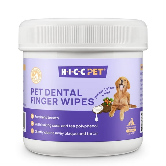 HICC Pet Dental Finger Wipes for Dogs and Cats, 50 Ct, Peanut Butter, Freshens Breath with Plaque Control