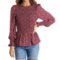 thumbnail image 1 of Túnica informal de mujer con mangas abullonadas, puños fruncidos y diseño plisado, talla L, blusa acampanada roja, 1 of 7