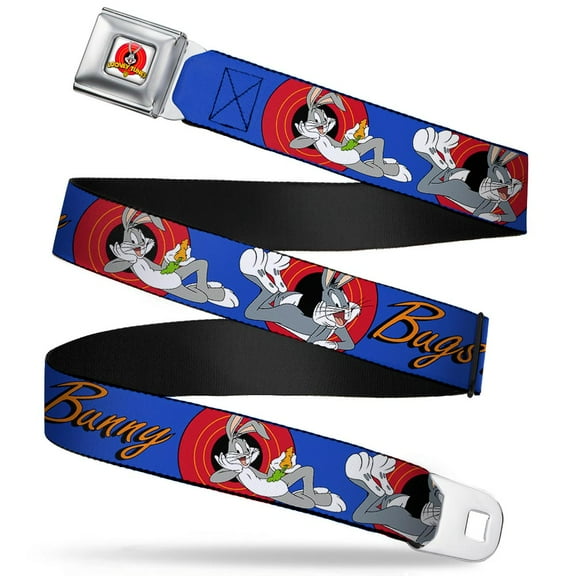 Looney Tunes Belt, Seatbelt Buckle Belt, Bugs Bunny Bugs Poses Blue, 34 to 52 Inches