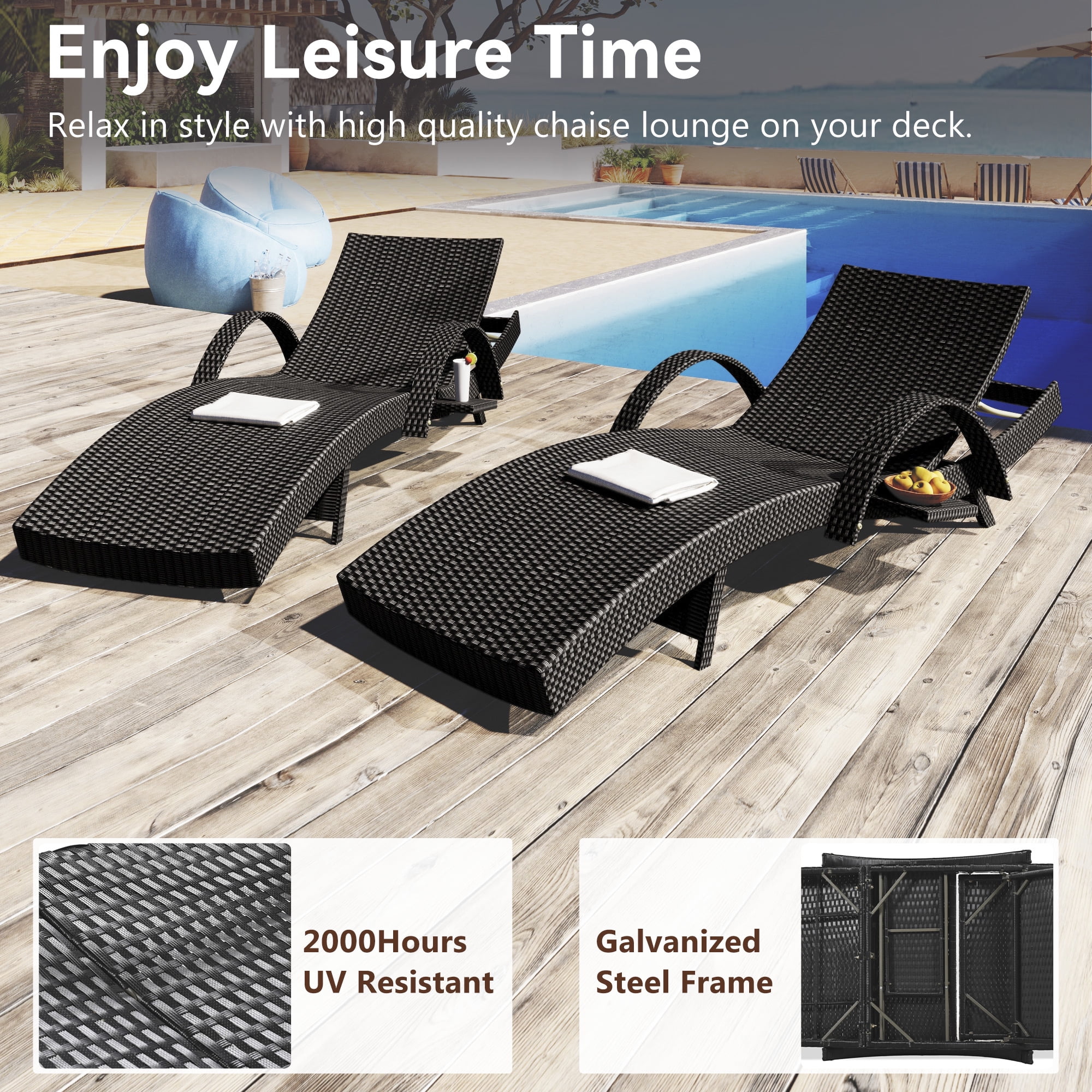 2 Pack Outdoor Wicker Reclining Lounge Chair, 5 Position Adjustable Backrest Pool Side Patio Lounger with Pull Out Side Table, Black