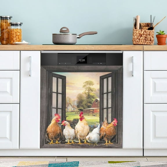 Rooster in The Rural Farmhouse Window Dishwasher Magnet Cover Reuseable Refrigerator Magnet Cover Decal Fridge Microwave Stickers Hoilday Party Decor 23 x 26 Inch
