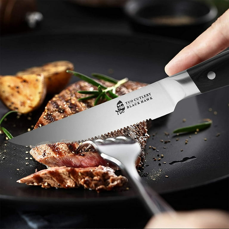 WELLSTAR Serrated Steak Knife Set of 6, Ultra Sharp Japanese Stainless  Steel 4.5 inch Blade and Full Tang Pakkawood Handle Dinner Table Knives  Pack