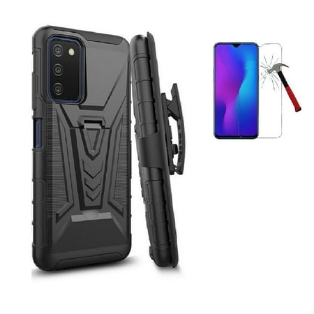 For Samsung Galaxy A03s (Straight Talk / TracFone ), Belt Clip Holster with Built-in Kickstand + Tempered Glass (Black)
