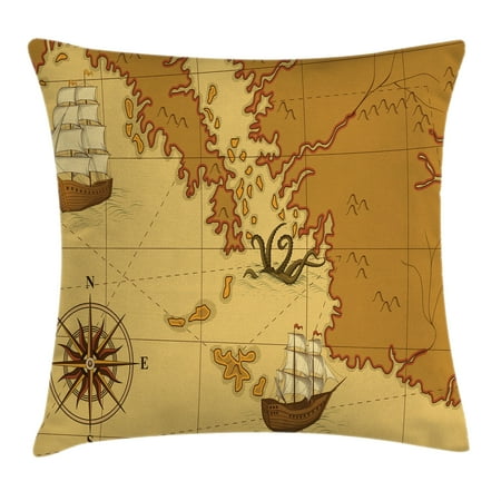 Ship Map - Kraken Decor Throw Pillow Cushion Cover, Old Map with Compass and Ship Continent and Kraken Figure Artsy Print, Decorative Square Accent Pillow Case, 18 X 18 Inches, Light Brown Yellow, by Ambesonne