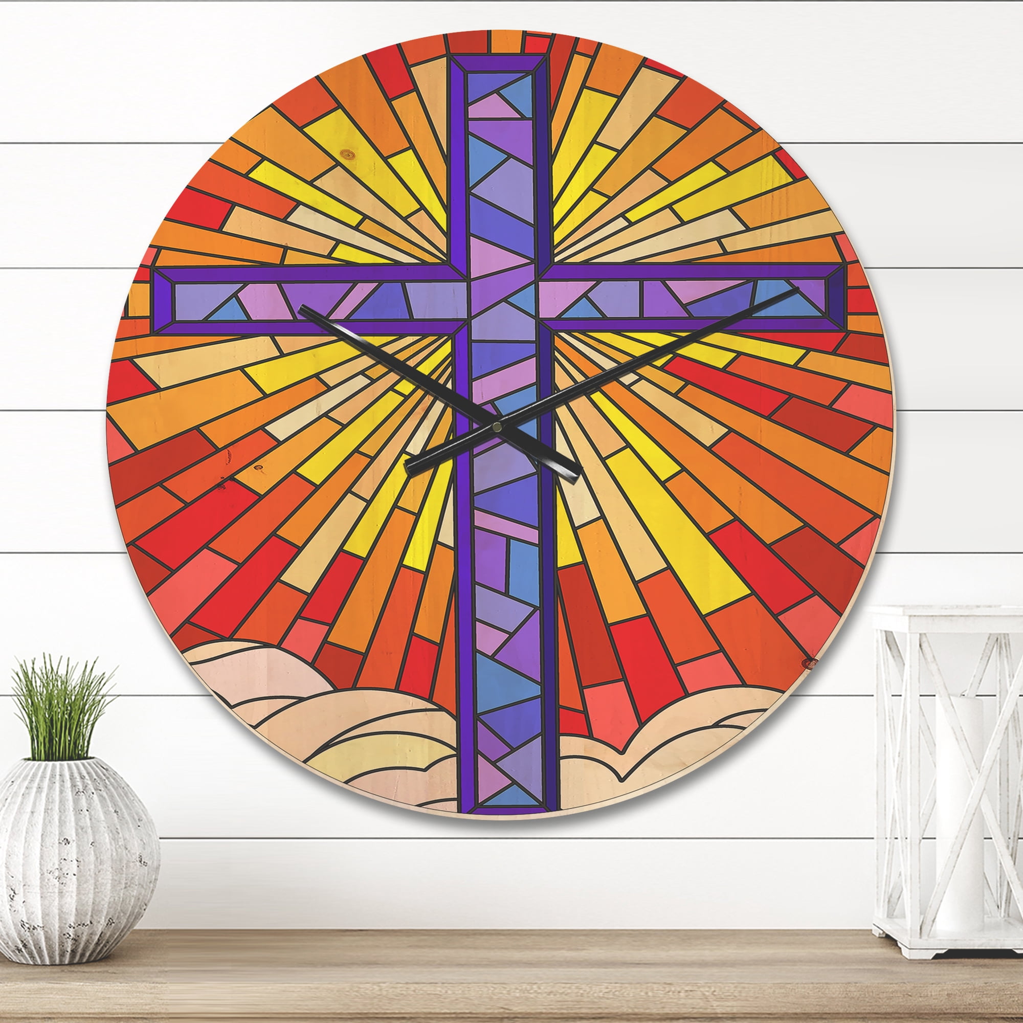Designart 'Blue Holy Cross Stained Glass Style ' Rustic Wood Wall Clock