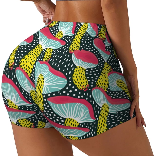 Balery Green Mushroom Pantalones cortos de entrenamiento estampados para mujer, sin costuras, ajustados, para gimnasio, yoga, correr, deportes, ejercicio activo, fitness.-XX-Large