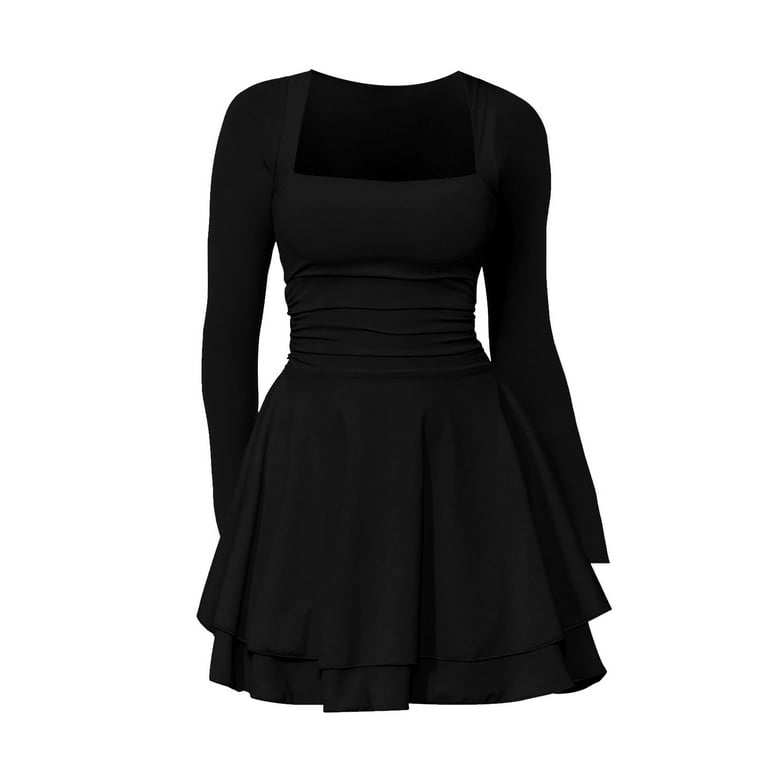 blue dress for baby girl Square Neck Ruched Side Tie Long Sleeve Mini Dress