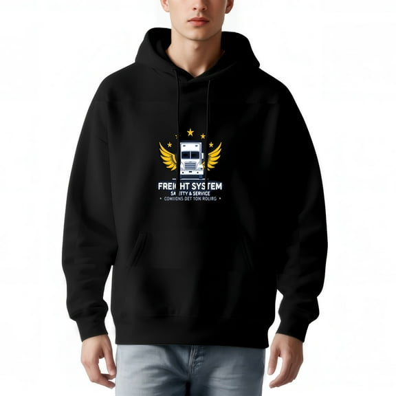 Men's Long Sleeve Hoodie Pullover Sweatshirt with Pockets - Graphic Truck Design with Wings & Stars ' FREIGHT SYSTEM ' Print