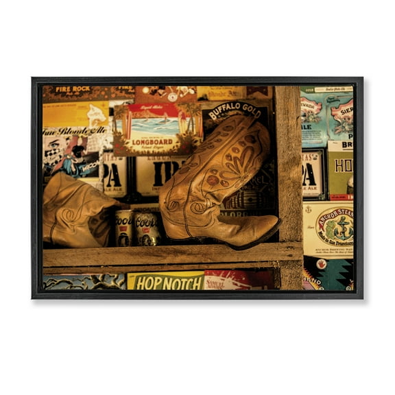 Stupell Industries Western Boots on Shelf Beauty & Fashion Painting Black Floater Framed Art Print Wall Art, 25 x 17