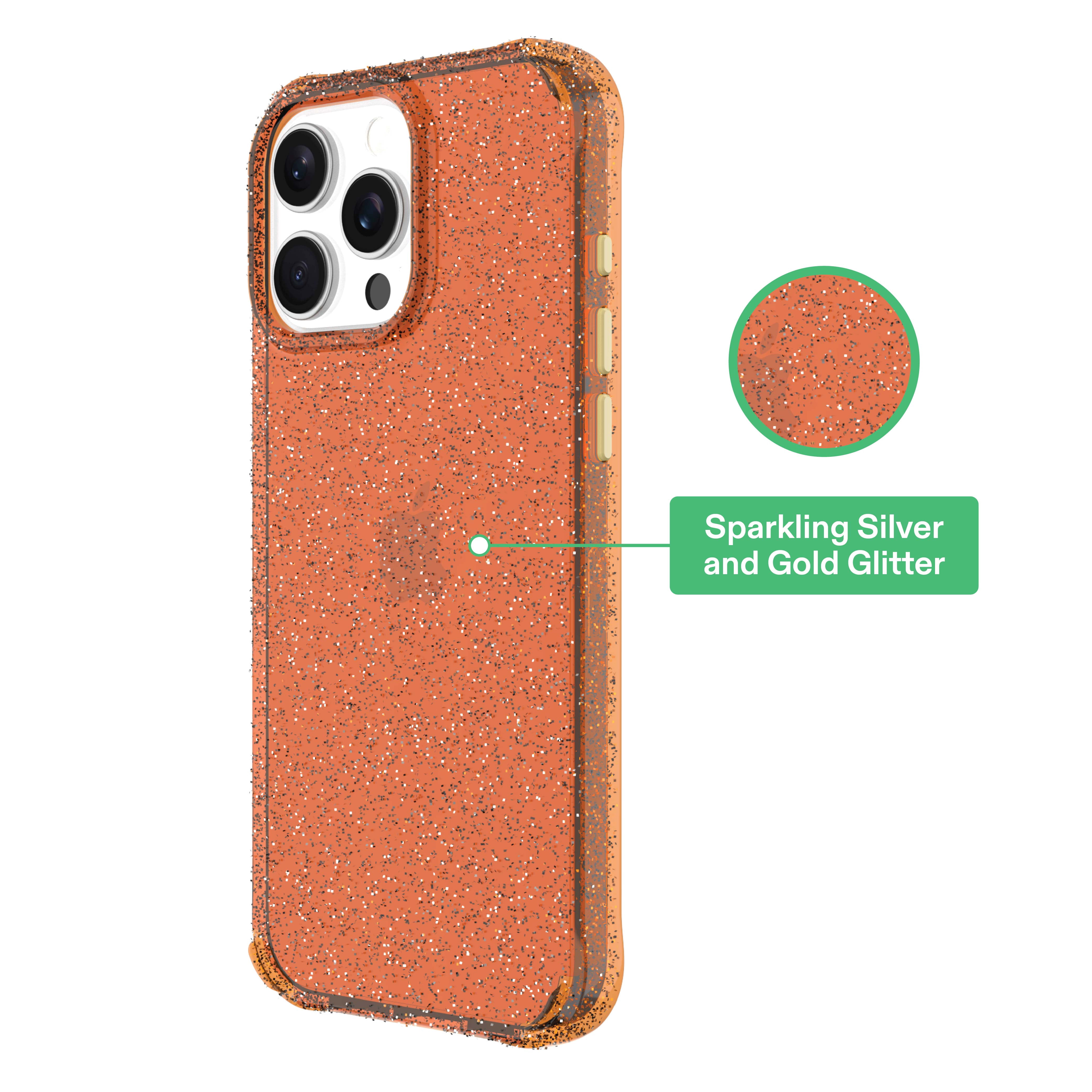 onn Sparkle Phone Case for iPhone 16 Pro Max - Orange with Gold Glitter
