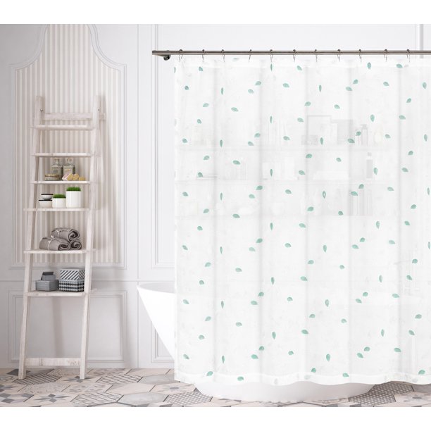 Sheer White Fabric Shower Curtain with White and Aqua Embroidered Leaf