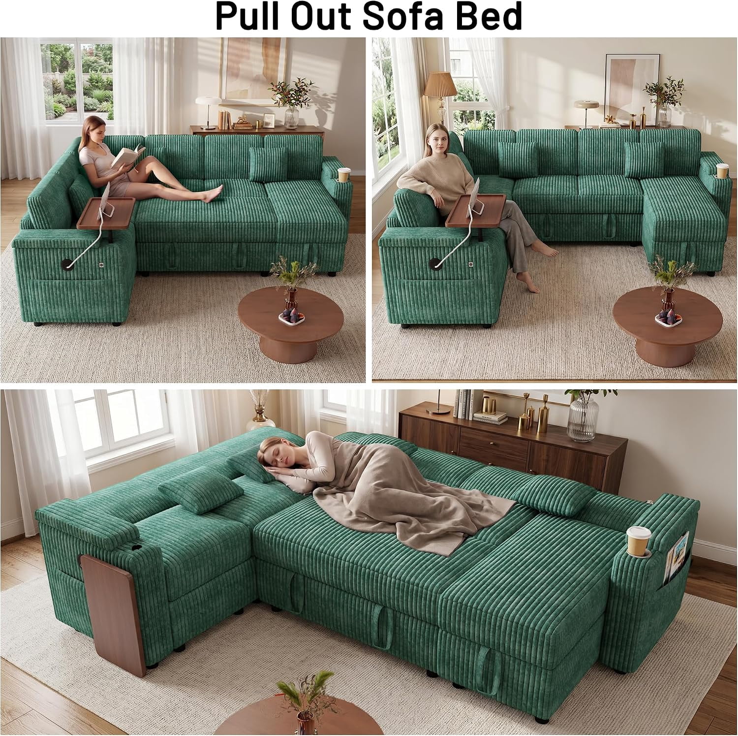 100 Inch U Shaped Pull Out Sofa Bed, Soft Corduroy Sleeper Sofa with USB Ports, Cup Holder, Table Board and Storage