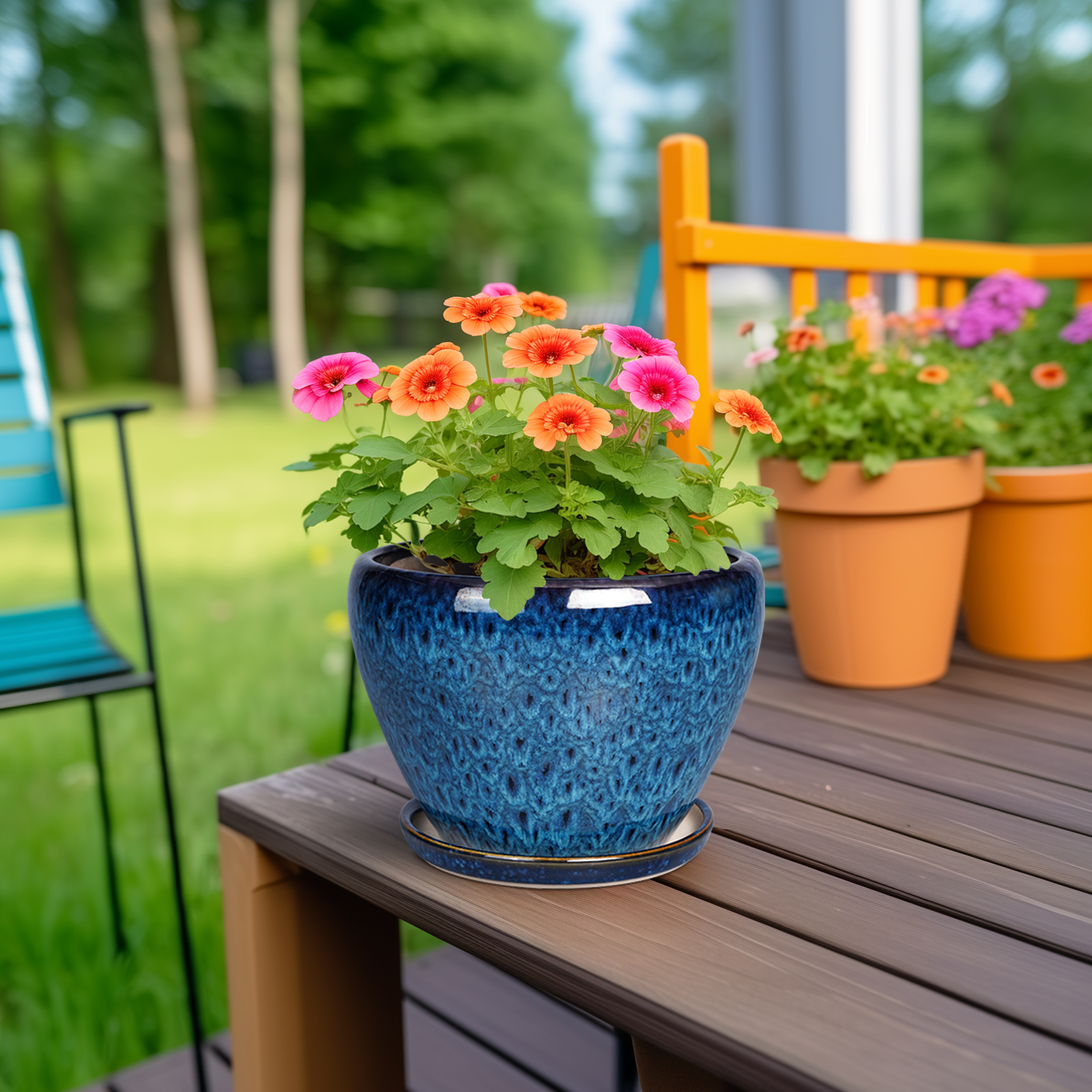 Ordivic 6in Blue Ceramic Planter Pot with Drainage Saucer photo 2