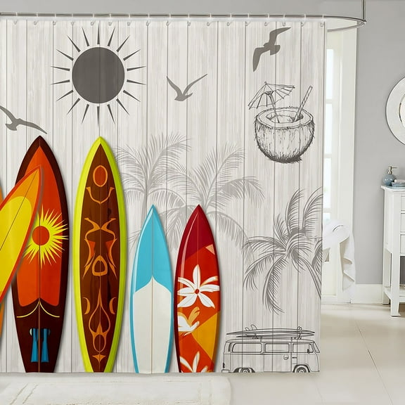 Erosebridal Summer Surfing Surfboard Shower Curtain 72x84, Tropical Beach Theme Bath Curtain Waterproof