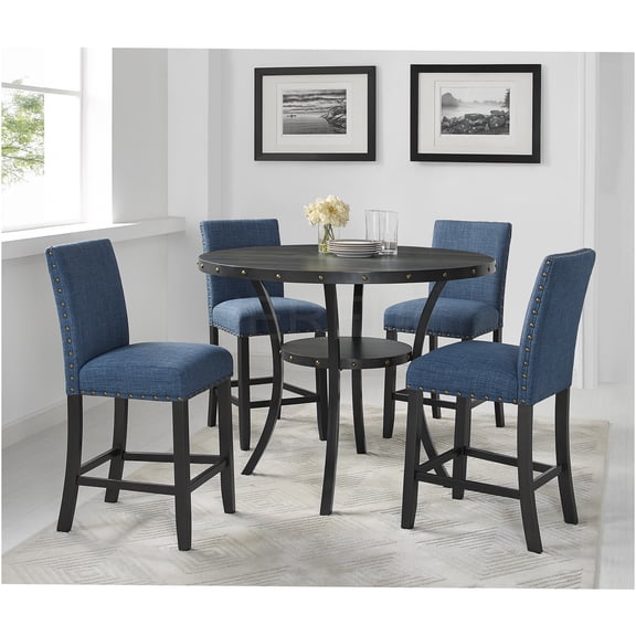 JERFIT Counter Height Bar Stools Set of 2, Blue Fabric Upholstered with Nailhead Trim for Kitchen Island, Dining&Decor