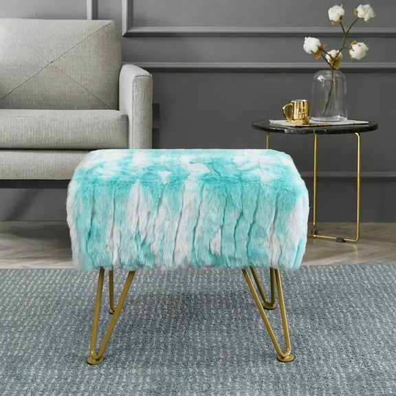 Home Soft Things Jacquard Faux Fur Ottoman - Blue turquoise - 19"x12.5"x17"