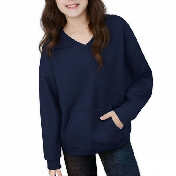 Hxshgdsn Childrens V Neck Sweatshirts With Pocket Fleece Warm Trendy Pullover Winter Fall Tops Navy 2 Years