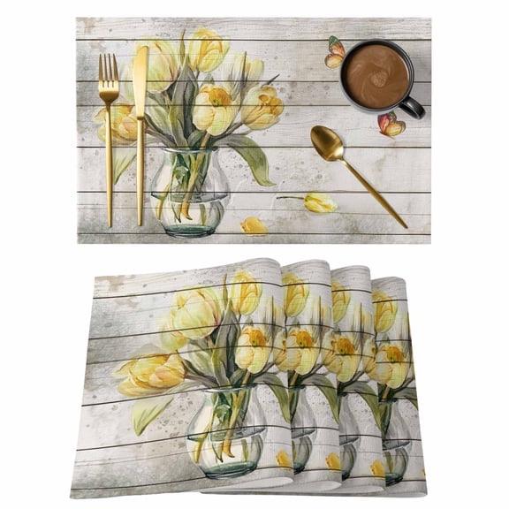 Yellow Tulip Placemats Set of 4, Vintage Spring Floral Retro Art Butterfly Wooden Placemats for Dining Table, Place Mats for Kitchen Tabletop, Waterproof Wipeable Dining Table Mats Set