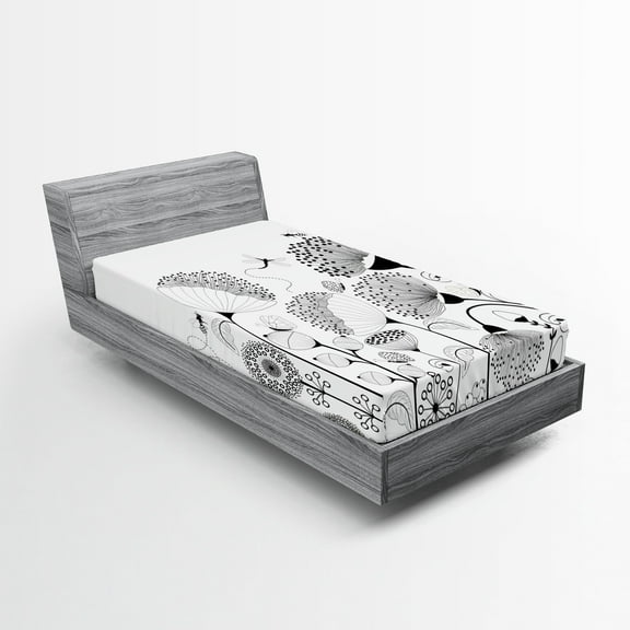 Ambesonne Nature Fitted Sheet, Blooming Flower Bee, Twin XL Size, Black White