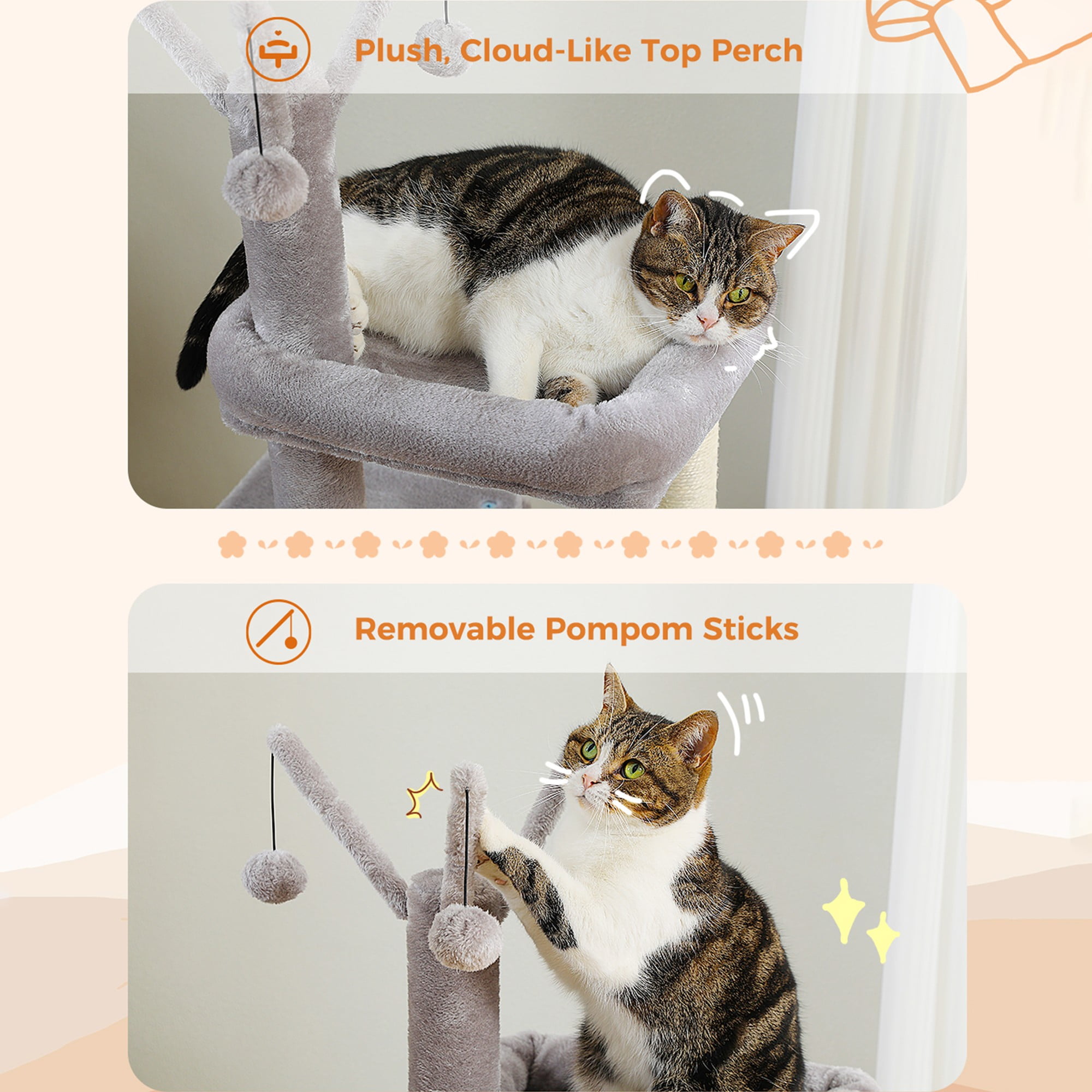 Kadyn 53" Cat Tree Tower for Small Cats with 2 Cat Condos, Hammock and 3 Removable Pompom Sticks, Cat Tree House with Scratching Posts, Gray