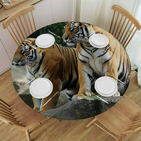 

FUMJ Tigers Rocks Enclosure Round Table Cover with Elastic Edge 100% Polyester Fiber 38 -42