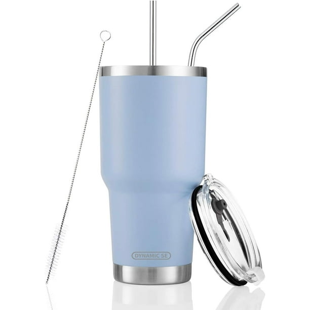 D·S Vaso azul de 30 onzas, taza aislada al vacío de doble pared de acero inoxidable con pajita y tapa, cepillo de limpieza para bebidas frías y calientes