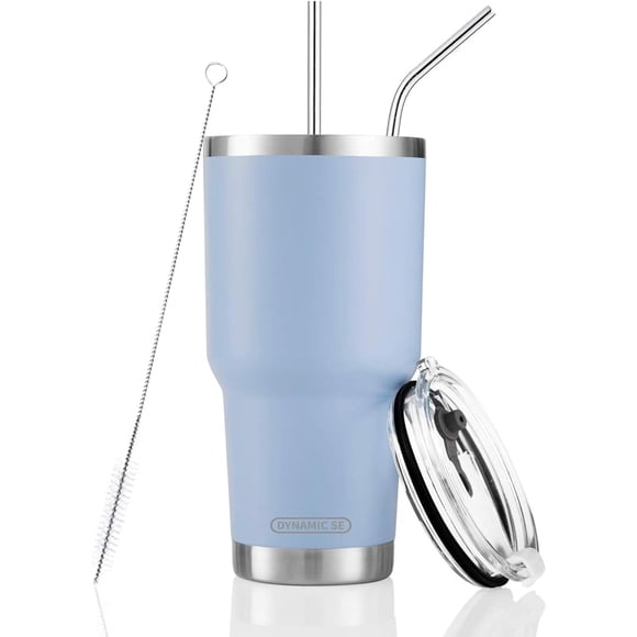 D·S Vaso azul de 30 onzas, taza aislada al vacío de doble pared de acero inoxidable con pajita y tapa, cepillo de limpieza para bebidas frías y calientes