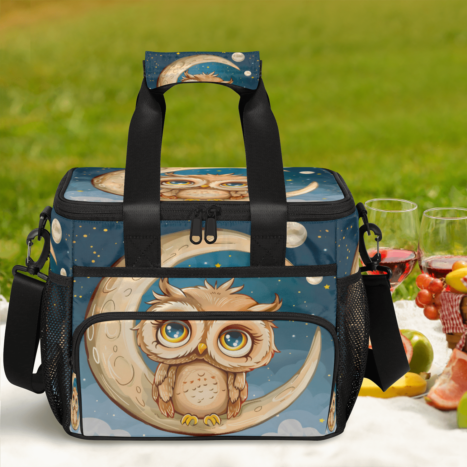 Herdesigns Night Moon Owl Large Lunch Box for Adults Women Men with Adjustable Shoulder Strap, Insulated Reusable Lunch Bag Leakproof Cooler Tote Bag