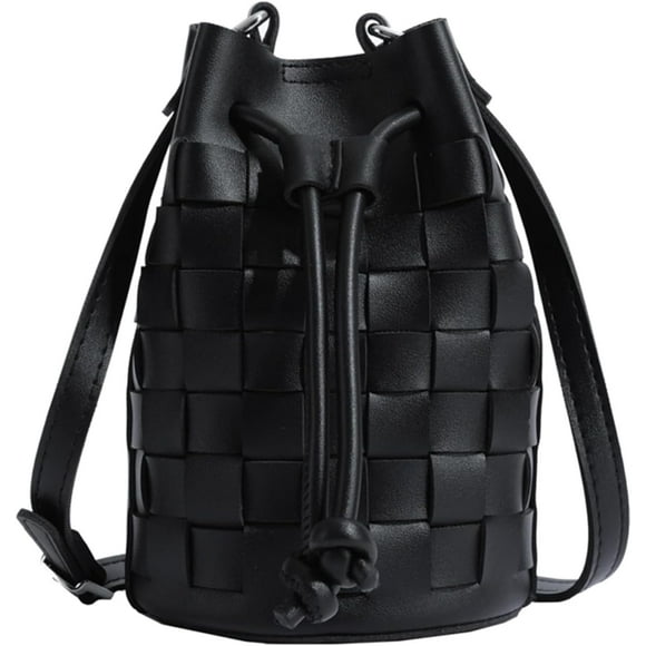 LHSHID Mini Leather Woven Bucket Bag Drawstring Purse Crossbody Handbag