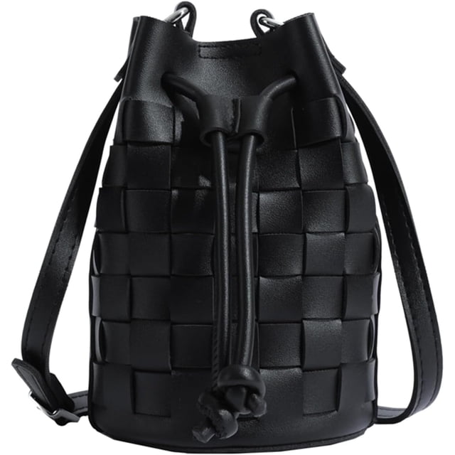 LHSHID Mini Leather Woven Bucket Bag Drawstring Purse Crossbody Handbag