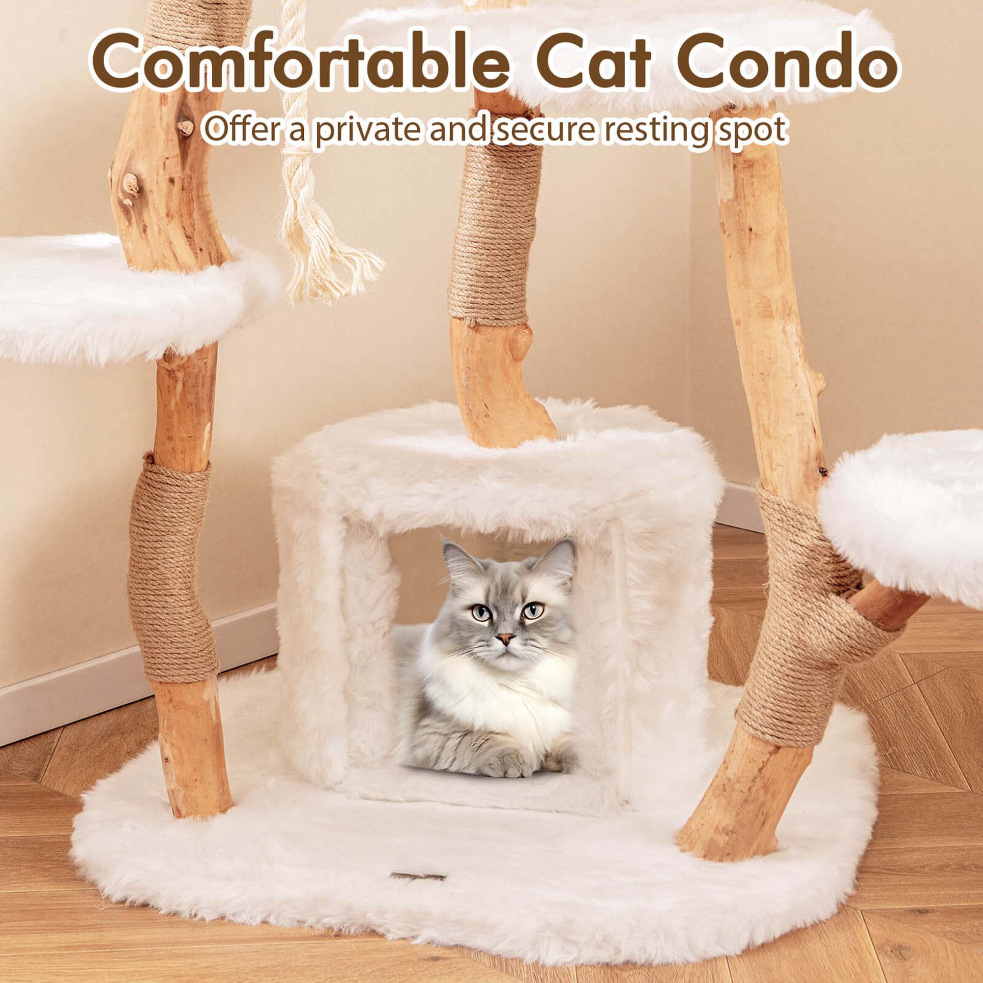 Costway 66" Tall Solid Wood Cat Tree with Perch Condo Jute Scratching Posts Sisal Rope