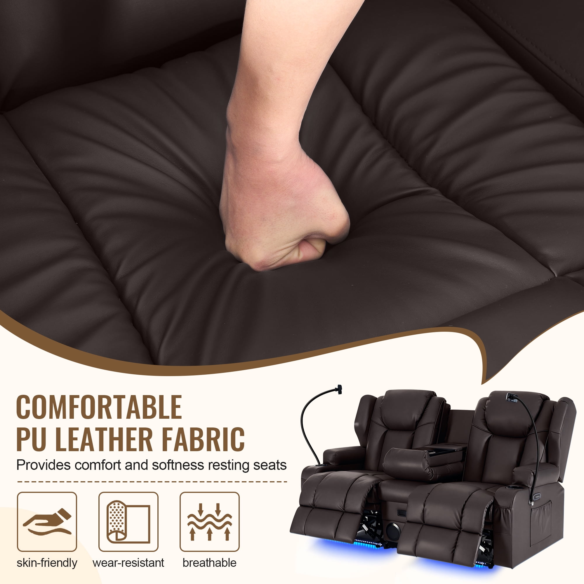 ROOMARK Loveseat Recliner Double Recliner RV Sofa & Console | Wall Hugger Loveseat Reclining RV | RV Theater Seats | RV Couch | RV Home Theater Seating Furniture