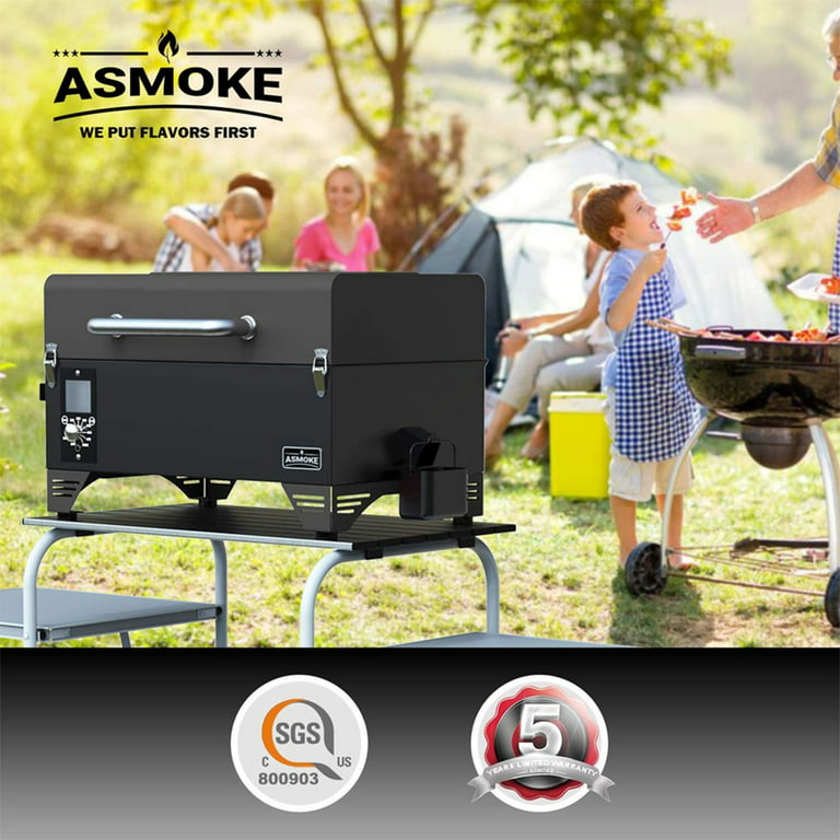 ASMOKE Portable 256 Sq In Wood Pellet Grill & Smoker w/ Starter Kit, Black  
