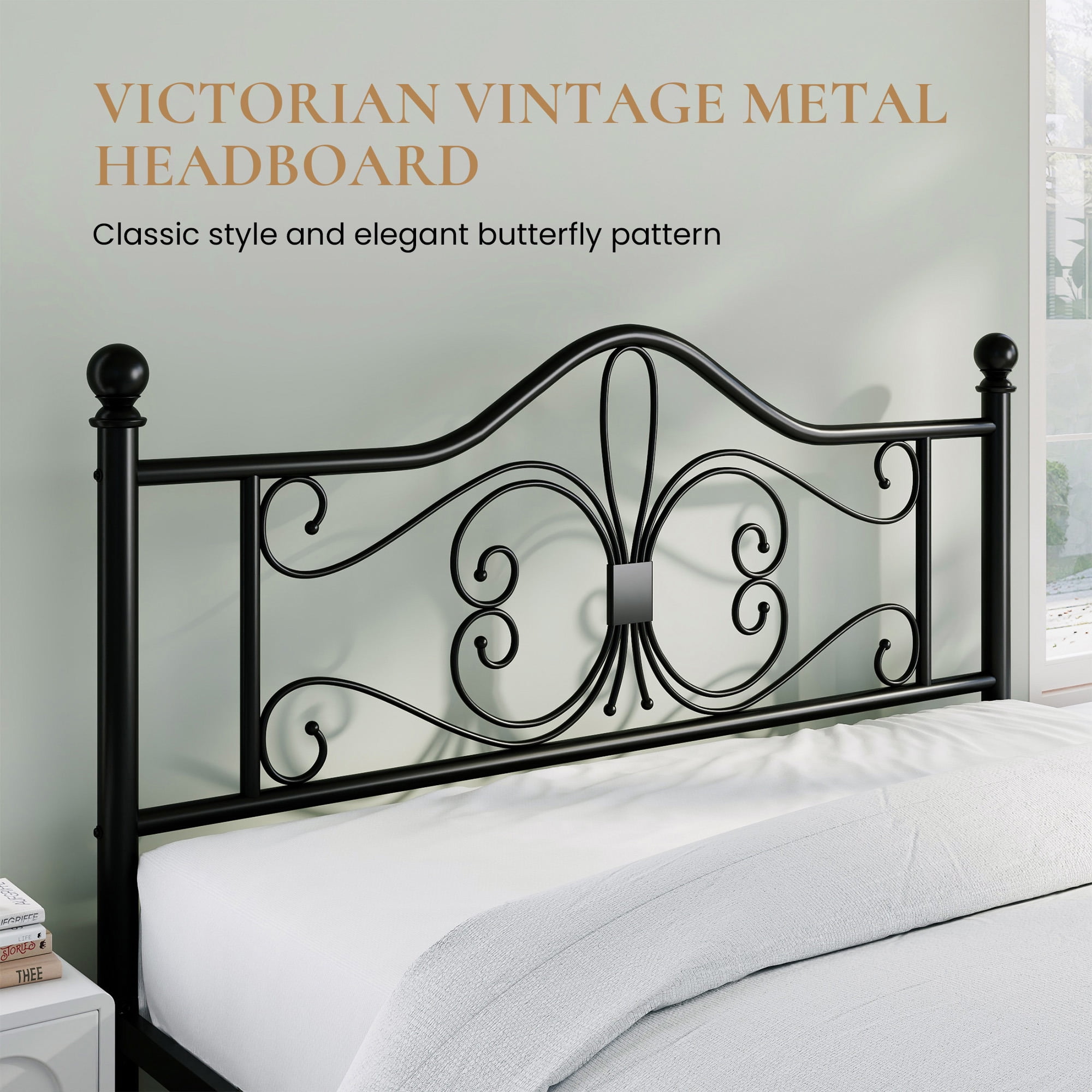 Sha Cerlin Queen Size Metal Platform Bed Frame with Victorian Vintage Butterfly Headboard&Footboard, Black